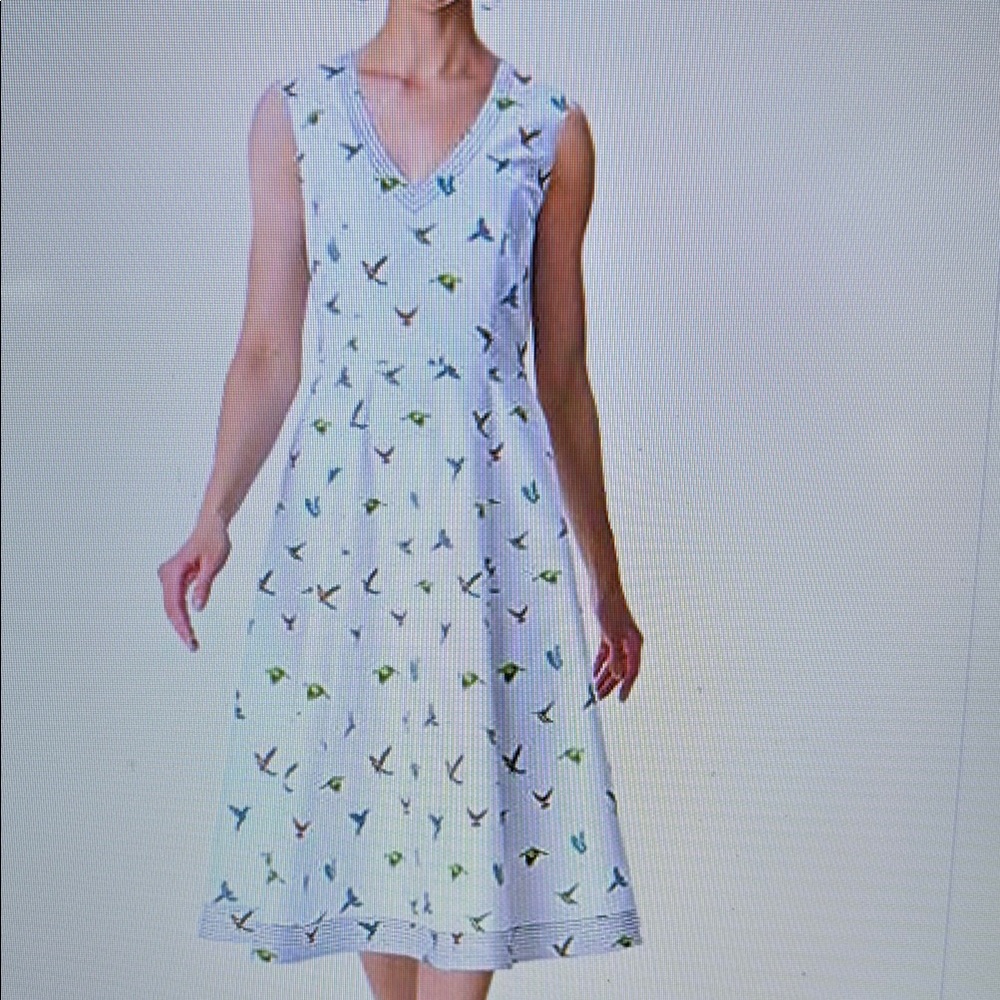 eShakti Elegant White Dress with Colorful Bird Print NWOT